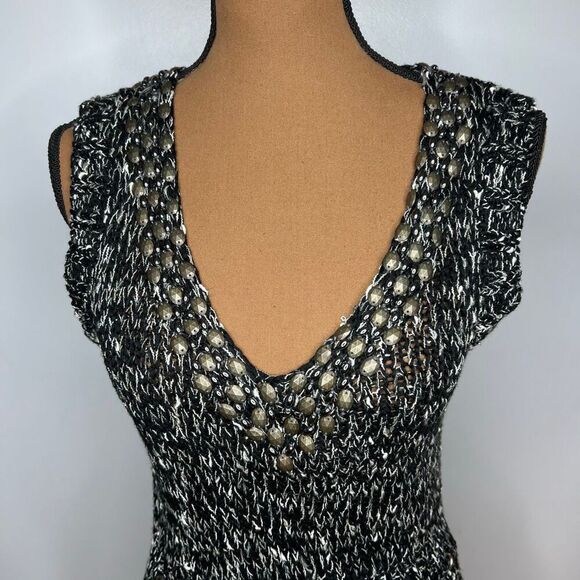 BCBGMaxazria Black Gray Beaded Loose Knit Beachy Sweater Dress, Women’s Medium - Picture 3 of 10